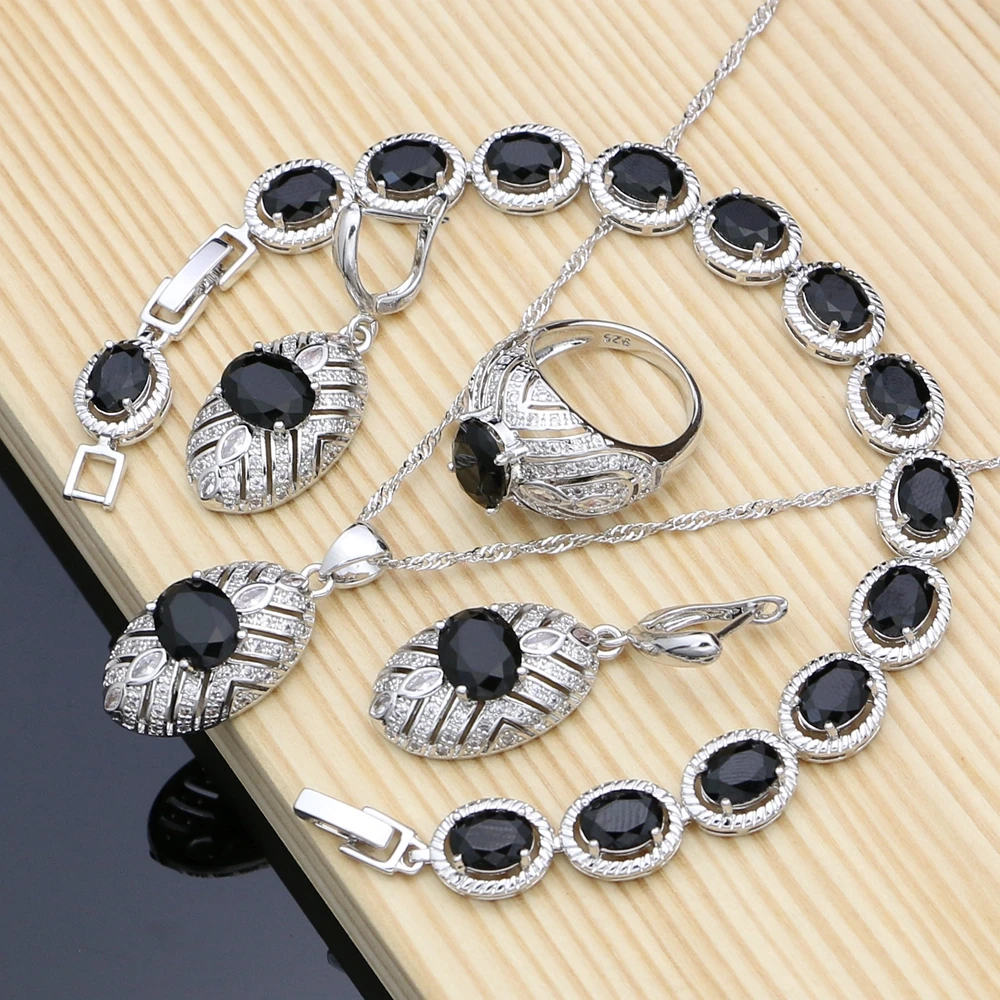 

Silver Bridal Jewelry Black Crystal Jewelry Sets For Women Party Earrings With Stone Rings Bracelet Necklace Set Dropshipping