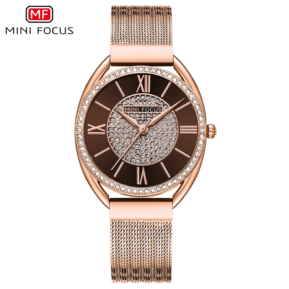 MINI FOCUS Watch for Women Rose Gold Mesh Strap Quartz Watches for Lady Crystal-accented Wristwatch часы женские relogio reloj