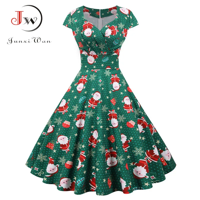 Christmas Dress Women Sexy V Neck Short Sleeve High Waist Print Vintage Big Swing Party Xmas Sundress Elegant Robe 3XL