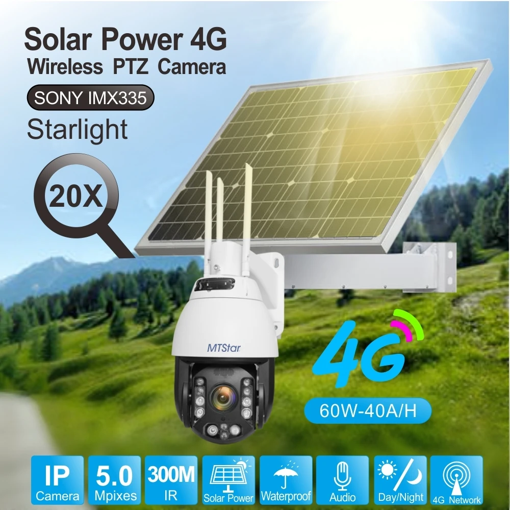 MTStar 5MP 40X Zoom 4G 3G WIFI Outdoor Auto Tracking PTZ Security Camera With Solar Battery Power