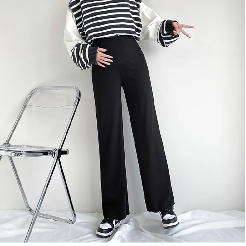 

Maternity pants spring and autumn high waist thick knitted wide leg pants fashion all-match straight leg support pants