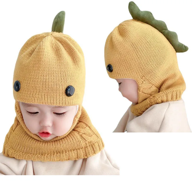 Doitbest Winter knit Baby Knitted Hat scarf one-piece Hats Kids Girl Boy Beanies Caps Warm dinosaur Earflap Hats for Children