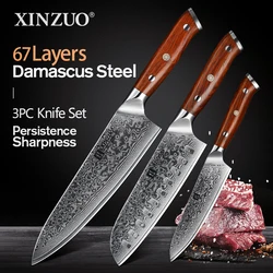 XINZUO 3PCS Kitchen Knife Set Damascus Stainless Steel Kitchen Knives Chef Utility Santoku Knife Kitchen Tool Rosewood Handle