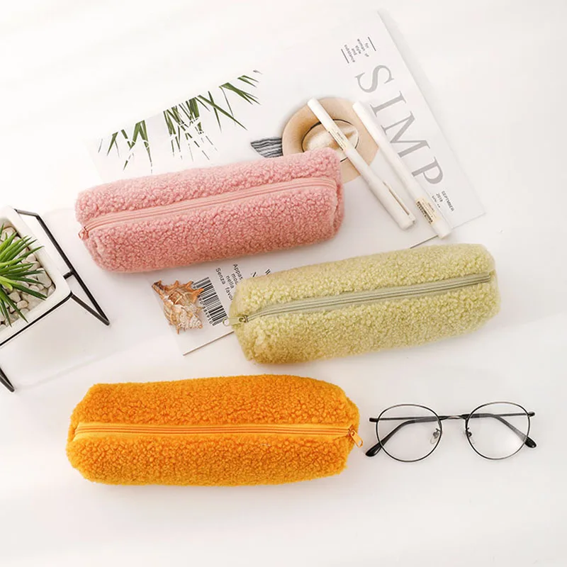 Solid Color Lamb Plush Pencil Case Bag Avocado Green Student Cute Stationery Pen Pouch Storage Bag for Kids Gift School Supplies