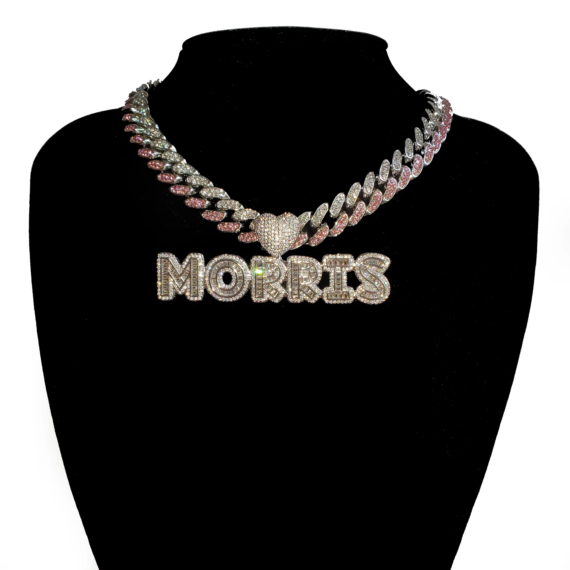 Imagem -02 - Pedras Rosa e Claras Cadeia de Elos Cubanos com Nome Pingente Choker Heart Bail Colar de Letras Geladas Colar Personalizado Monograma Blingbling