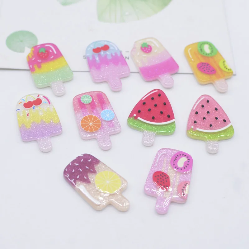 50Pcs 15*25mm 10 Color Mixed Sweet Ice Cream Resin Furit Cake Print Acrylic Sheet Pattern DIY Jewelry Make Ornament Accessories