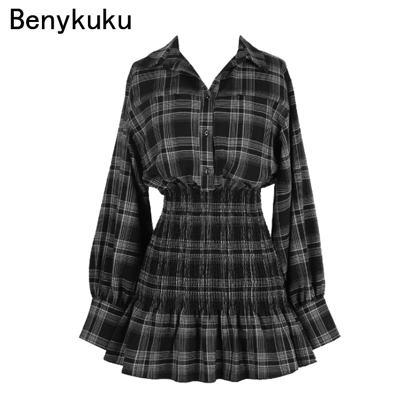 

Spring Autumn Punk Gothic Black Plaid Shirt Dress Fashion Long Sleeve V Collar Women Sexy Slim Waist Mini Dresses Streetwear