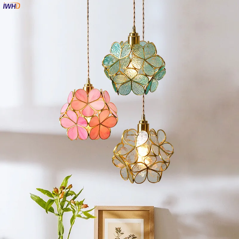 

IWHD Nordic Flower Copper Pendant Lighting Fixtures Bedroom Dinning Living Room Glass LED Pendant Light Fixtures Luminaria