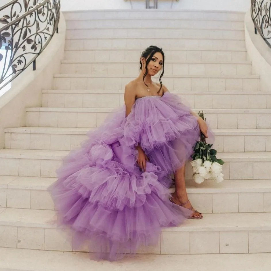 Doce cor lavanda tule vestido de noite feminino decote elástico inchado longo tule tutu hi baixo vestidos de baile feito sob encomenda