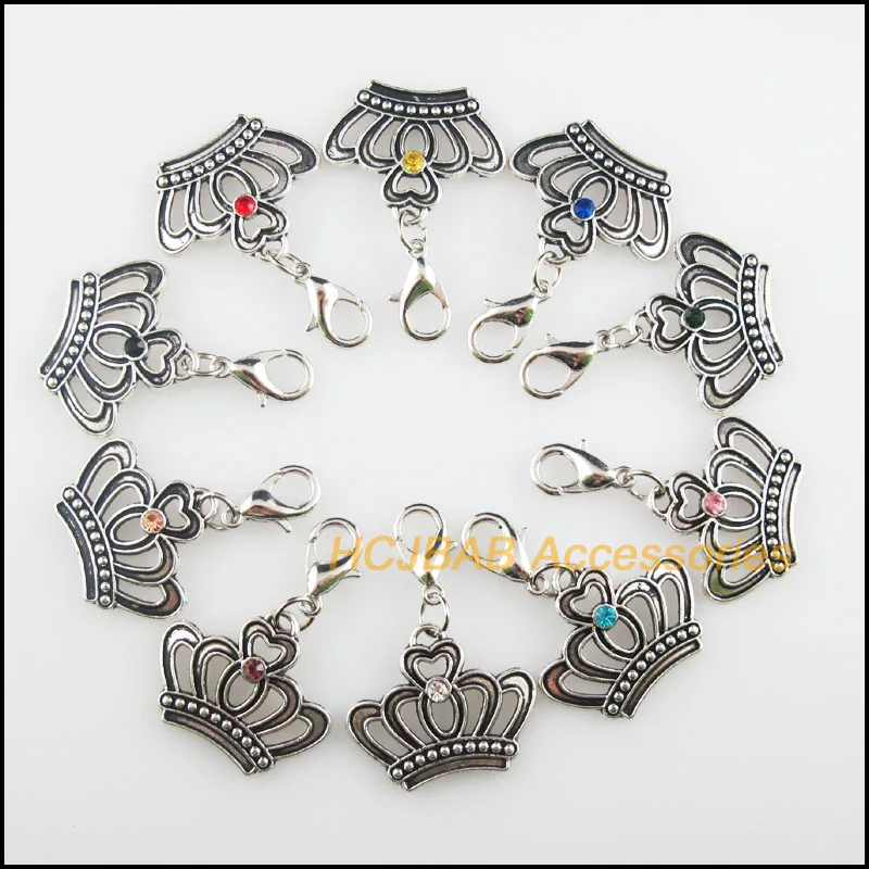 10 New Crown 18x22mm Charms Mixed Round Crystal Tibetan Silver Plated Retro With Lobster Claw Clasps