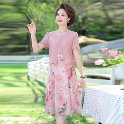Fake Two Piece Chiffon Dress Women'S Summer Fashion Middle-Aged Lady O-Neck Printed Short Sleeve Dresses