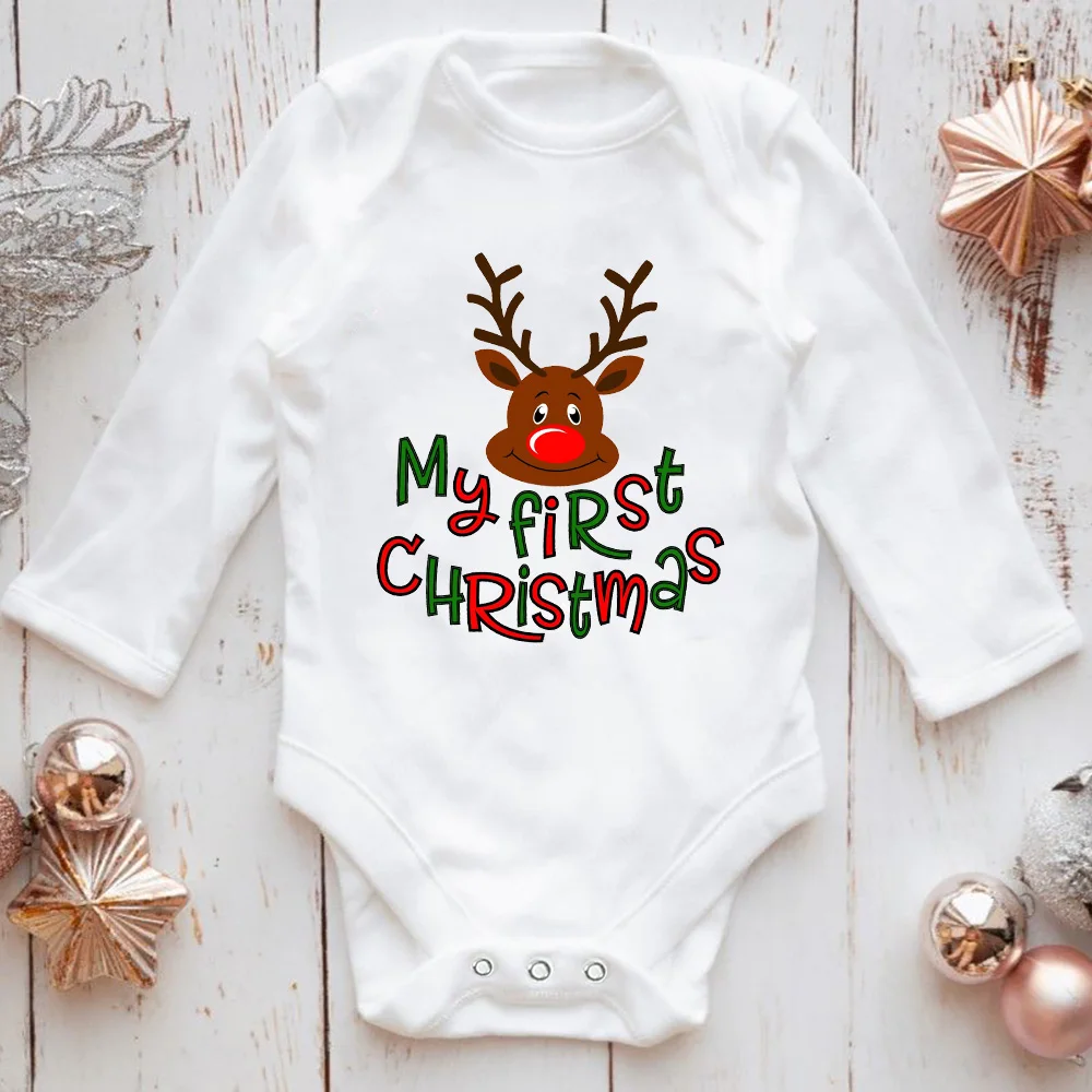 Funny Christmas Deer Newborn Baby Bodysuits White Long Sleeve Full Jumpsuits Boys Girls Infant Comfortable Playsuits Xmas Gifts