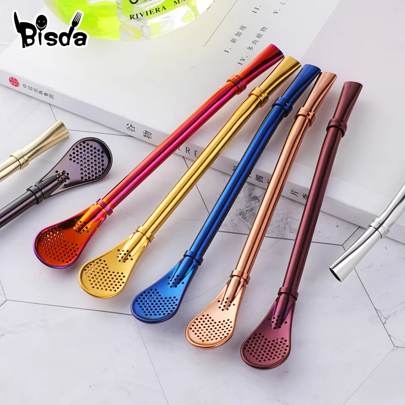 2Pcs Filter Straw Spoon Eco-Friendly Stainless Steel Drinking Straws Tea Strainer Cocktail Shaker Coffee Bar Filtered Spoons