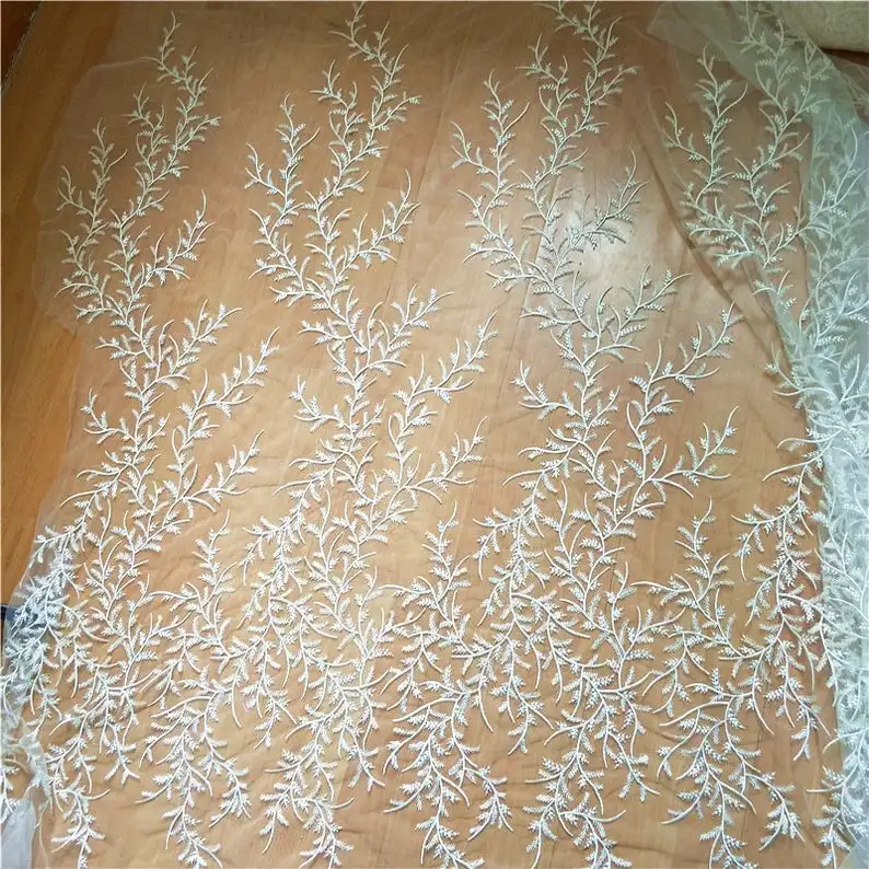 Exquisite Venice Lace Fabric In Ivory Leaf Embroidered Tulle Fabric For Wedding Bridal Gowns 1 Meter