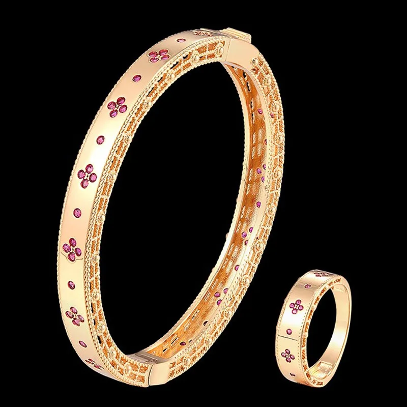 Zlxgirl 2020 New Arrival women's Gold color Copper wedding bangle and ring jewelry sets fine women's zirconia bracelet anel gift