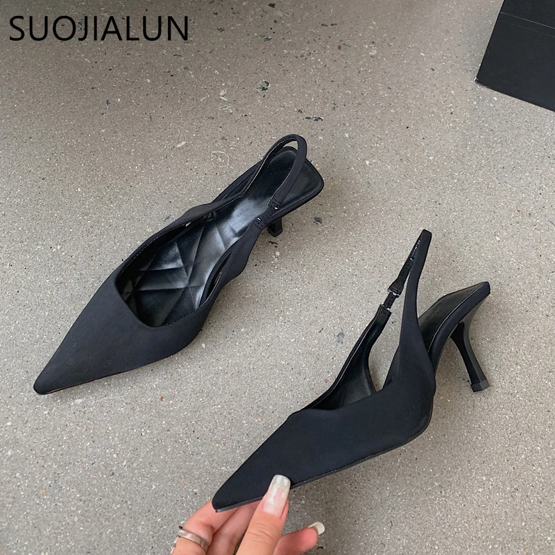 SUOJIALUN Fashion Thin High Heels Slingback Sandals Pointed Toe Slip On Mules Shoes Ladies Elegant Shallow Pumps Party Dress Sho