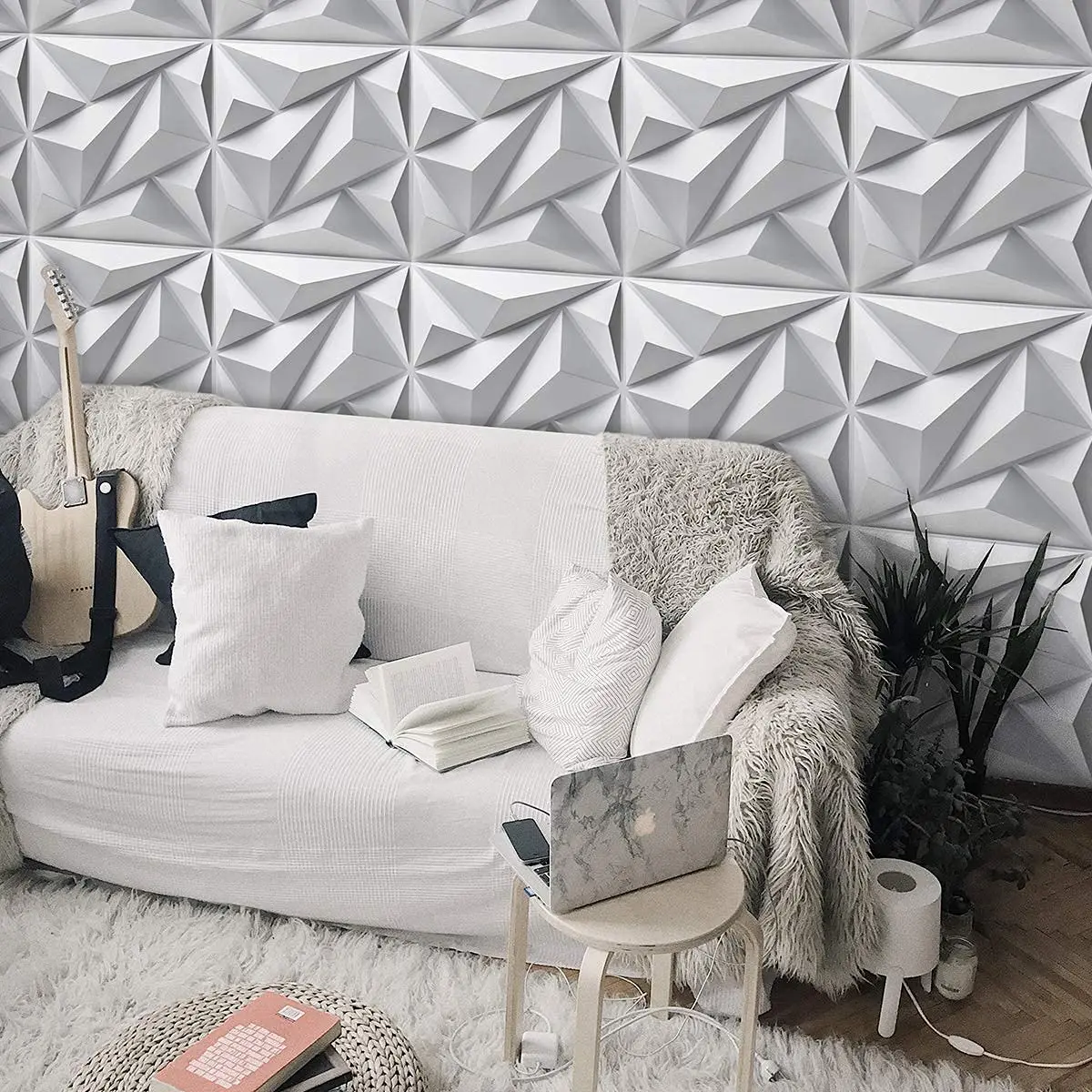 Art3d PVC 3D Wall Panel Diamond for Interior Wall Décor in White, Wall Decor PVC Panel, 3D Textured Wall Panels, Pack of 12 Tile