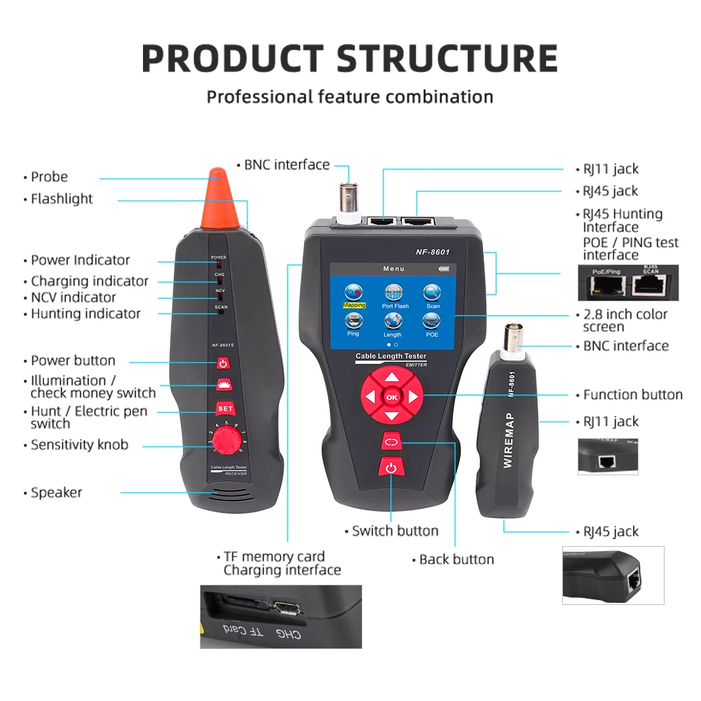 Noyafa Network Cable Tester NF-8601 Line Finder Bnc Rj45 Rj11 Cat5 Cat6 Cat7 Lan Ping Poe Length Test Network Cable Tracker