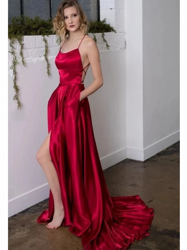 Weiyin AE0626 Sexy Slit Satin Geel Avondjurken Lange Een Lijn Cris-Cross Terug Prom Jurken Formele Party Gown robe De Soiree