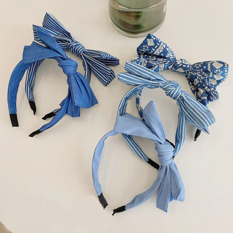 2021 New Women Denim Headband Bow Knot Hairband Twisted Headbands Cross Hairbands Blue Hair Hoop Girls Hair Accessories