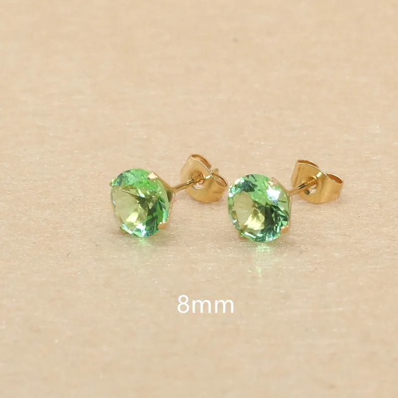 897 8mm AAA round Colorful Green Zircon Stud Earrings with Stainless Steel Needle Hypoallergenic Jewelry in 20 Vibrant Colors