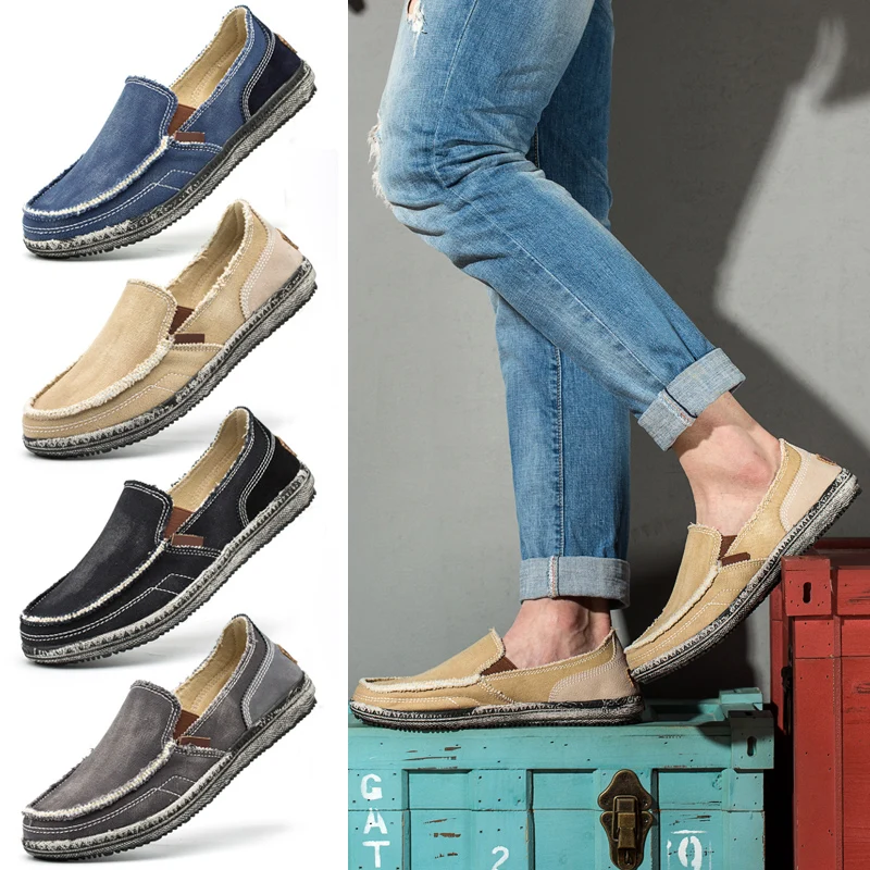 YEINSHAARS Men Classic Canvas Shoes Casual Sneakers Men's Lazy Shoes Moccasin Men Slip On Loafer Washed Denim Casual Flat Loafer