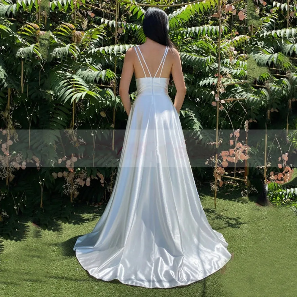 Boho cetim vestido de casamento elegante jardim profundo v-neck cintas de espaguete a linha lateral split zíper sem costas vestido de noiva feito sob encomenda