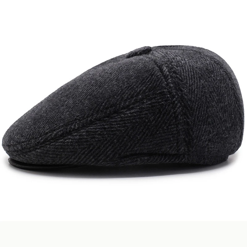 HT2630 Beret Cap Autumn Winter Beret Thick Warm Earflap Cap Men Vintage Wool Felt Hat with Ear Flap Male   Flat Cap