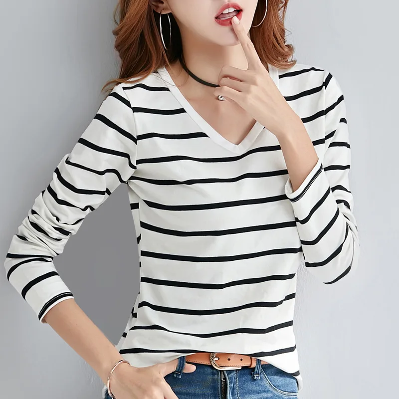 

V Neck T Shirts For Women Cotton Long Sleeve 2022 Striped T-Shirt Korean Style Womens Tops Spring Autumn Casual Woman Clothing