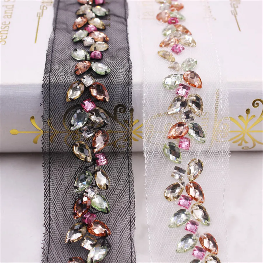 1Yard 30mm Diamond Beaded Handmade Lace Edge Trims Wedding Dress Belt Sash Ribbon Bridal Applique Fabric Sewing Craft DIY