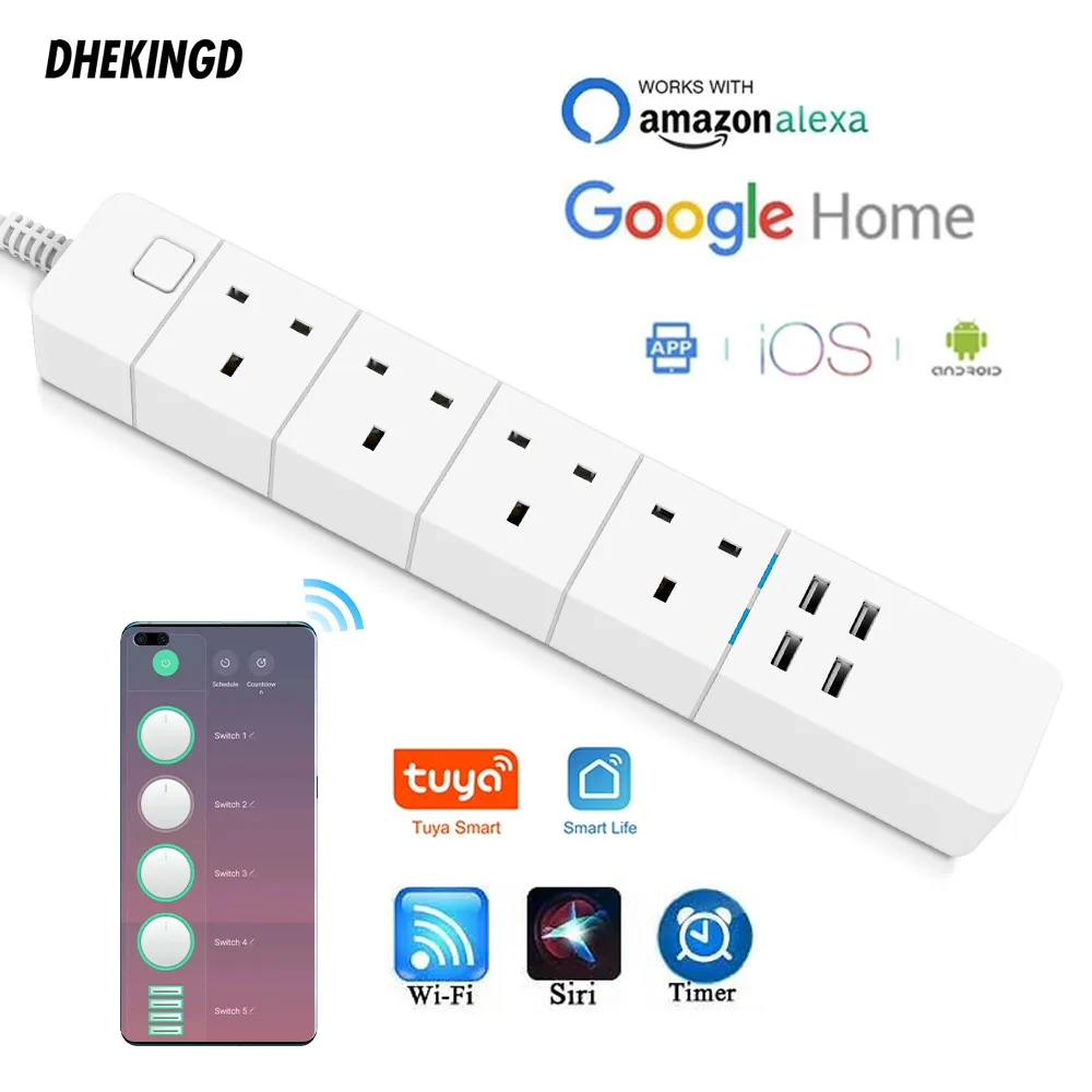 Smart Power Strip UK WiFi współpracuje z Alexa, GoogleHome, Multi Plug 4 gniazda AC i 4 porty USB do ładowania, sterowanie głosem