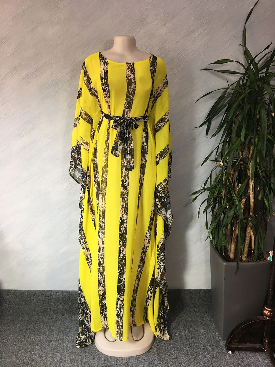 Fashion African Abaya For Women Muslim Chiffon Printed Bat-Sleeve Stripe Long Dresses With Belt Summer Gorgeous Dashiki Dress