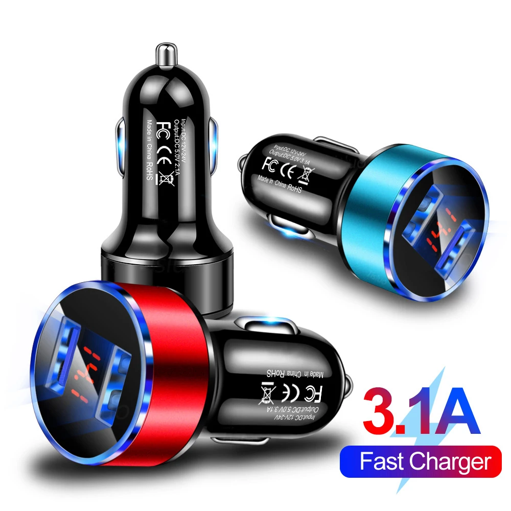 

3.1A Dual USB Car Charger 2 Port LCD Display 12-24V Cigarette Lighter Socket for iPhone 12 11 PRO MAX 8 7 Samsung Huawei Xiaomi
