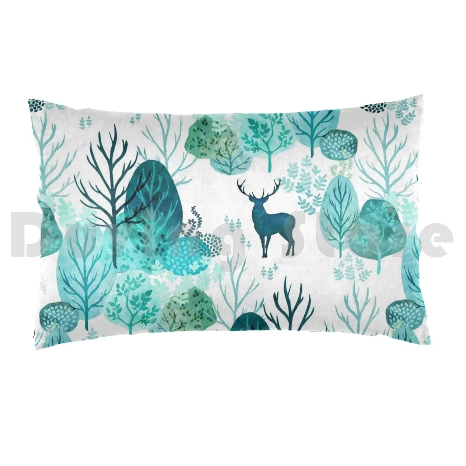 Emerald Forest Deer On White Pillow Case 20*30 Inch Turquoise Leaves Seamless Watercolor Landscape Trees