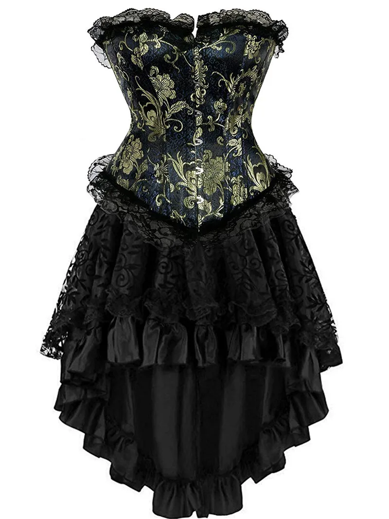 Sapubonva Corset Dress Women Gothic Victorian Lolita Costume Vintage Lingerie Lace Bustier Overbust Skirts Top Set Sexy Black