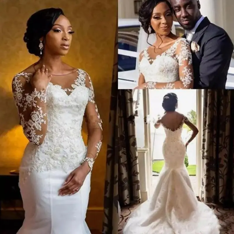 

African Long Sleeve Mermaid Wedding Dresses Appliqued Beads Vestido De Noiva Plus Size Lace Up Bridal Gowns