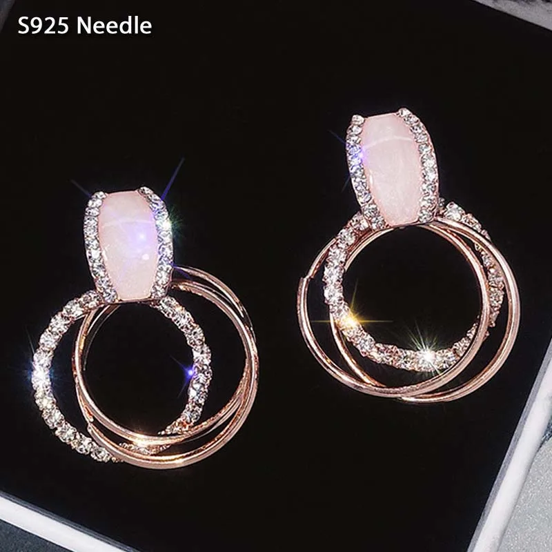 Silver Needle Stud Earrings for Women Jewelry Round Hoop Rhinestone Rose Gold Female Elegant Party Earrings