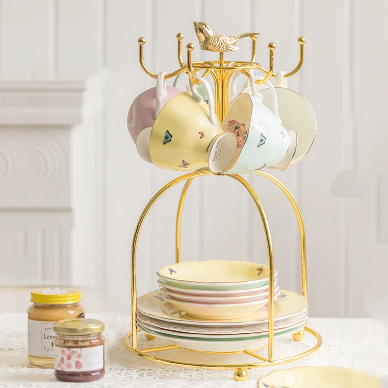 Home Tea Cups Plates Storage Holders Gold-plated Iron Bird Storage Racks European Style Tea Set Drinkware Organizer Shelf Metal