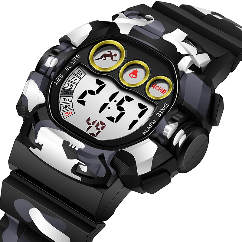 Camouflage Kinder Digitale Uhren Sport Stoppuhr Alarm Chrono LED Schwarz Licht 3ATM Wasserdicht