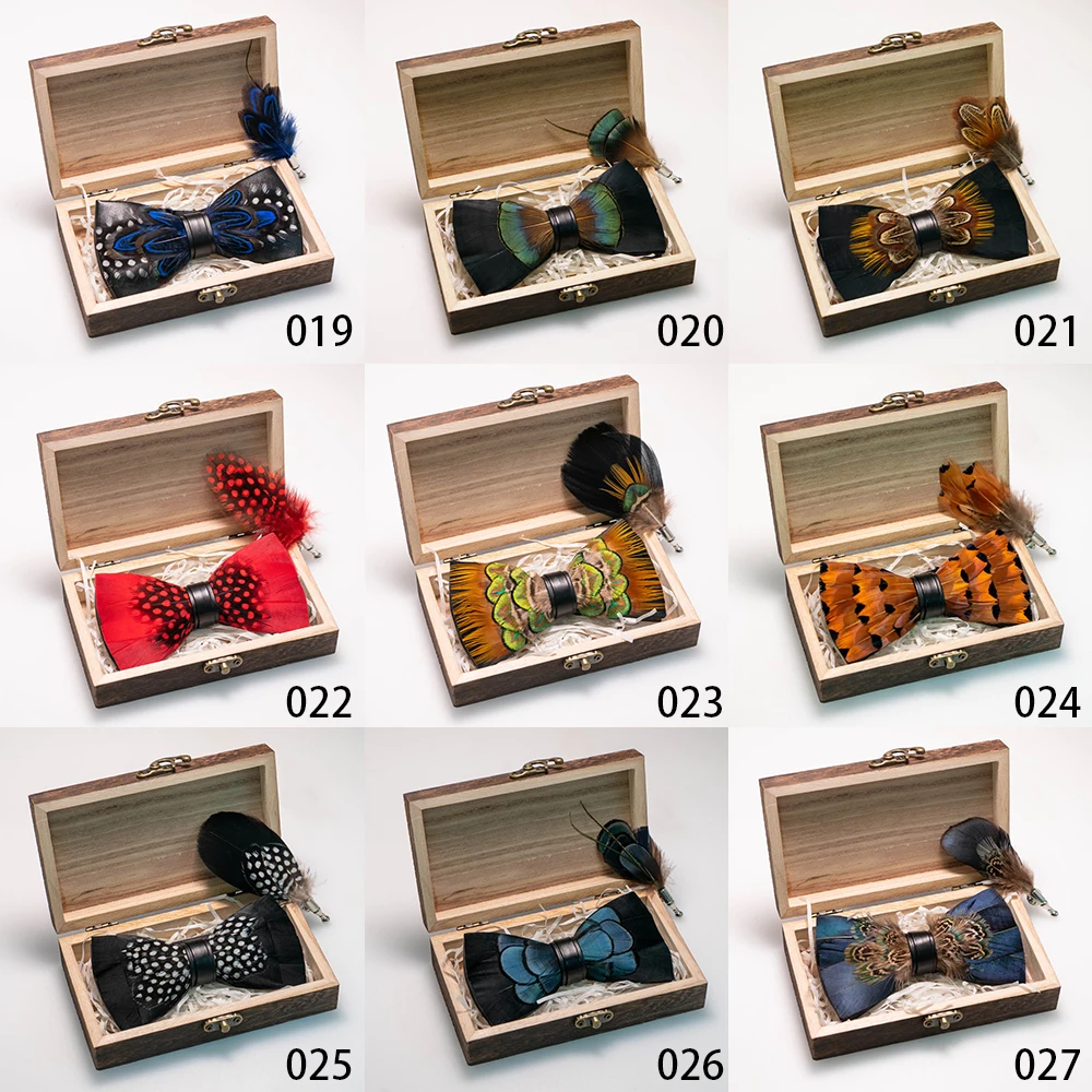 EASTEPIC Handmade Feather Bow Tie Brooch Wooden Box Set Men's Exquisite Accessories for Wedding Party Birthday Gift Necktie