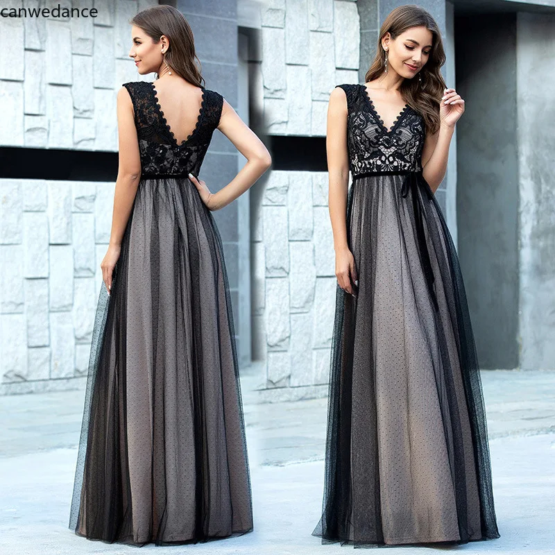 

2020 Black Long Lace Evening Dresses Party Women Elegant Formal Evening Gowns Dresses Wear Robe De Soiree Longue