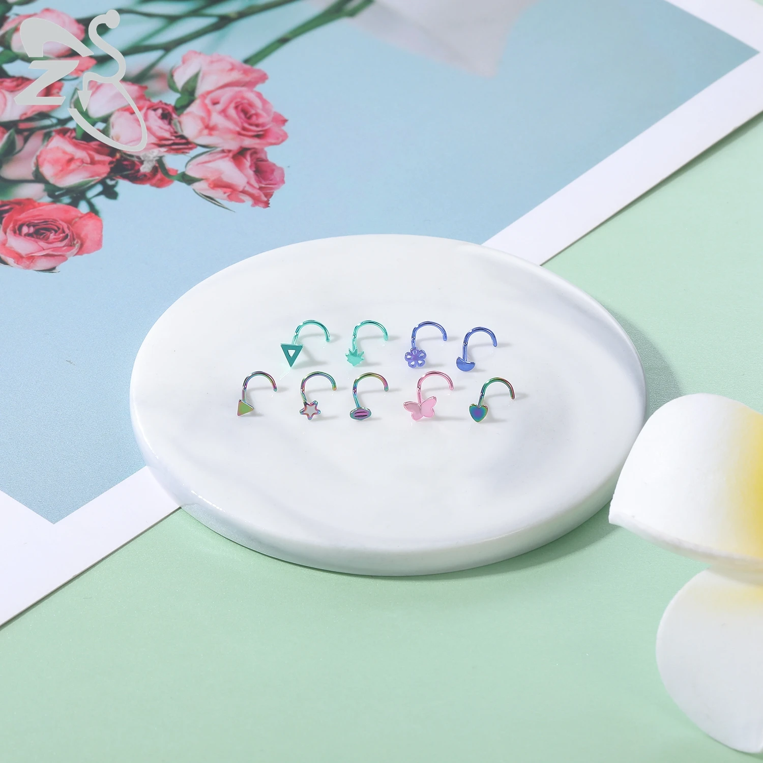 ZS 3-9pcs/lot Stainless Steel Nose Stud Set for Women Moon Heart Star Nose Piercings Black Color L Shape Nostril Piercing Jewely