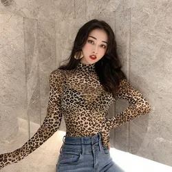 Women T-shirts spring Retro Turtleneck Leopard Slim Long-sleeved Leoaprd Tshirts Mesh Perspective Bottoming Tee Shirts