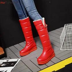 Winter Female Knee High Booties Waterproof PU Leather Plush Warm Lamb Fur Blak White Red Wedges Shoes Women Snow Boots 2022 New