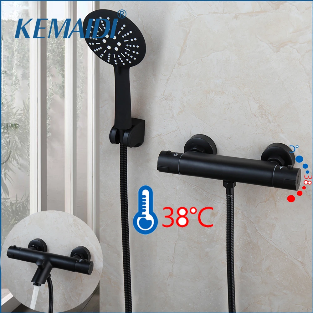 

KEMAIDI Matte Black Bathroom Thermostatic Shower Set W/ Rainfall Hand Shower Held Wall Mounted Bathtub Shower Mixer Faucet Kits