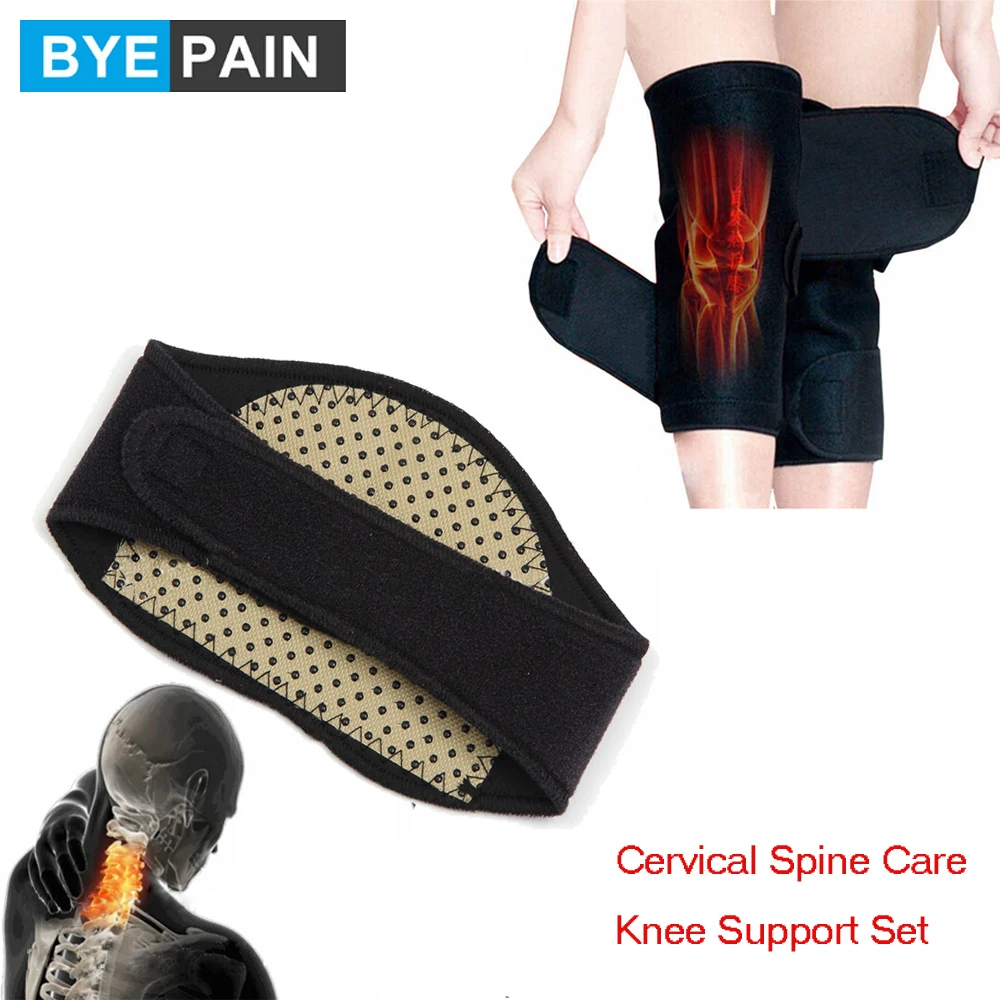 1Set BYEPAIN Self Heating Tourmaline Knee Support Brace Magnetic Therapy Neck Massage Protector Tourmaline Set