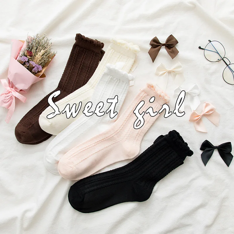 1 Pair Women Socks Ruffle Lolita Bow Socks Cosplay Costumes Accessories Medium Tube Comfortable Socks Cute Sweet Girl Gift