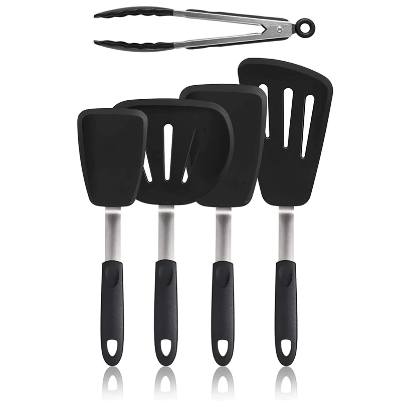 LMETJMA  5 Pcs Silicone Flexible Turner Spatula Set Nonstick Cooking Tongs and Turners Kitchen Cooking Utensils KC0429