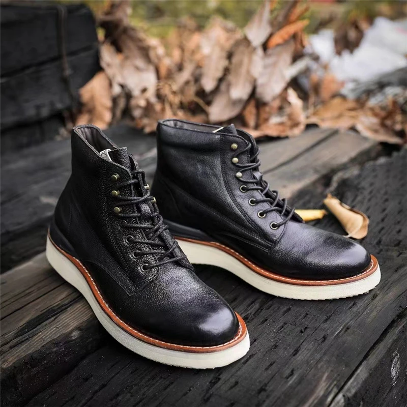 New Handmade Men Vintage British Ankle Boots Autumn Winter Cow Leather Shoes Goodyear Round Toe Tooling Desert Motorcycle Boots