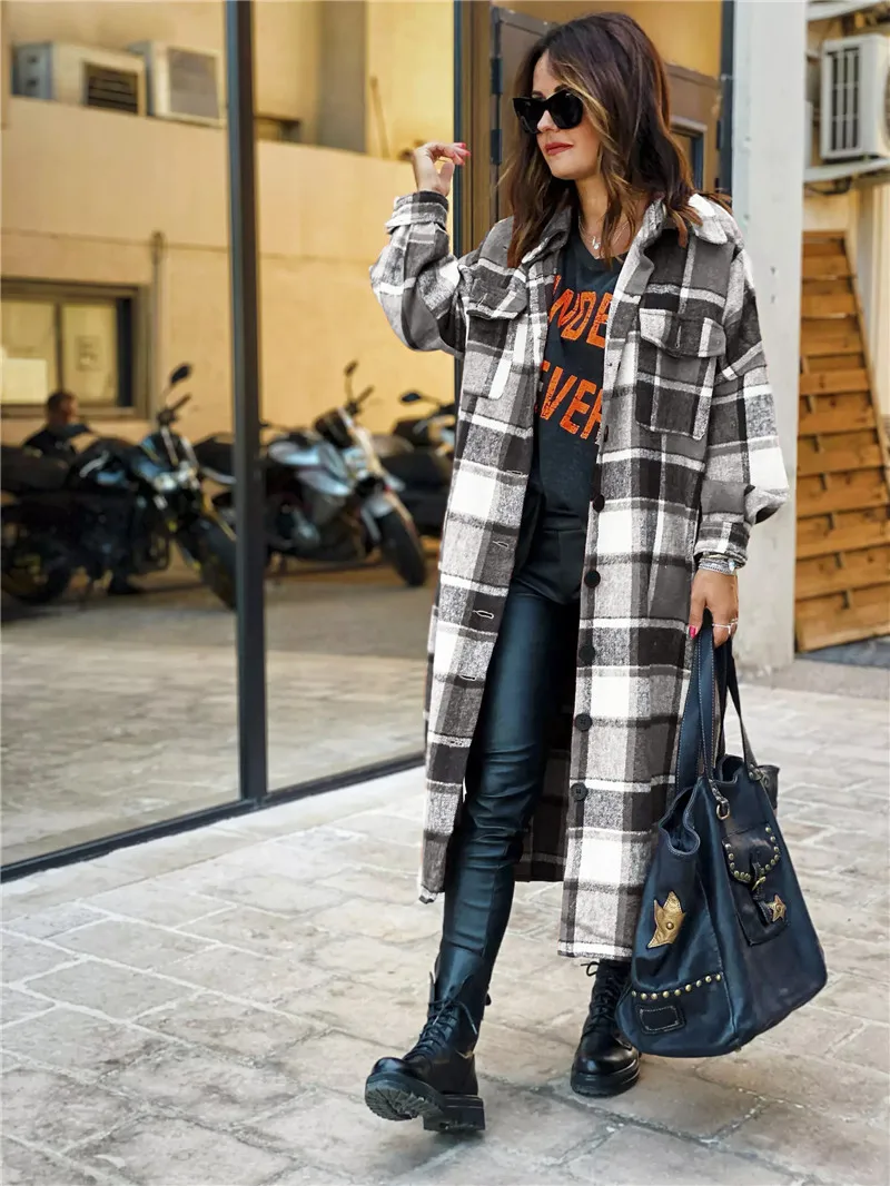 

Women Fashion Plaid Long Coats Jackets Office Lady Spring Fall Casual Long Sleeve Windbreaker Trench Top Girls Streetwear